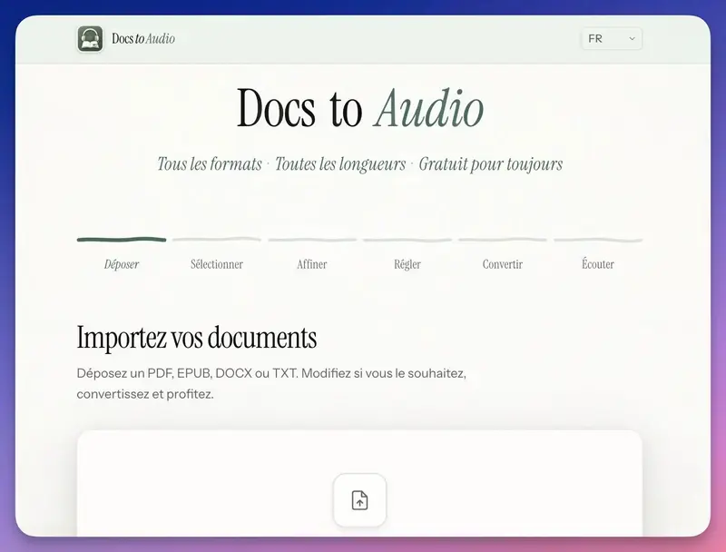 Illustration de DocsToAudio : convertir PDF et EPUB en audio, sans compte