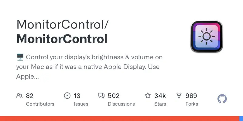 Illustration de MonitorControl: 🖥 Control your display's brightness & volume on your Mac as if it was a native Apple Display. 