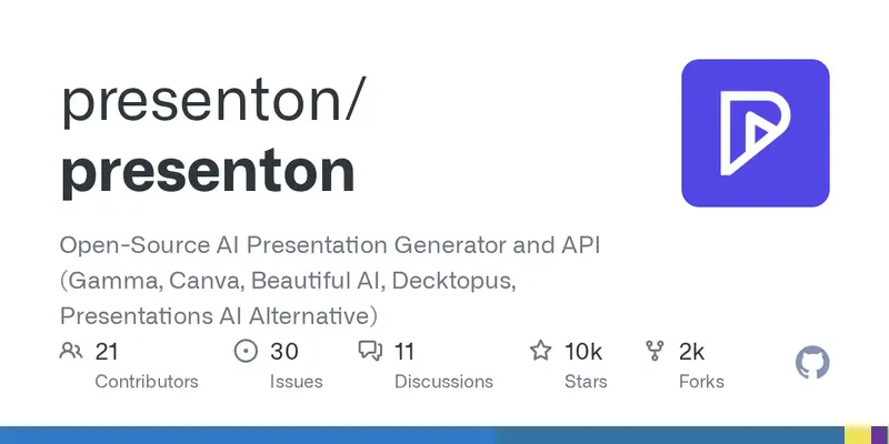 Illustration de presenton/presenton: Open-Source AI Presentation Generator and API (Gamma, Canva, Beautiful AI, Decktopus, Presentations AI Alternative)