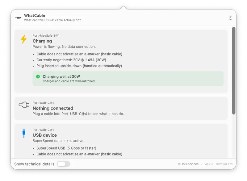 Illustration de whatcable: macOS menu bar app that tells you, in plain English, what each USB-C cable plugged into your Mac can actually do