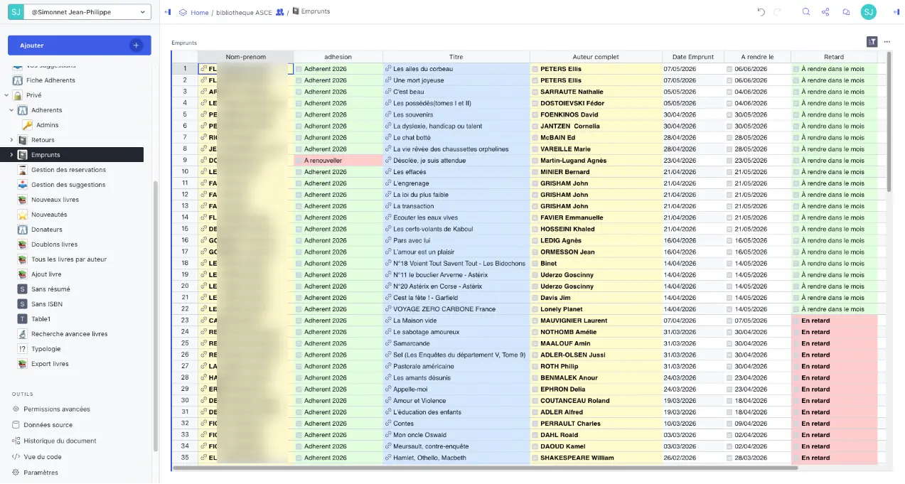 Capture d’ecran dans GRIST de la liste des emprunts.